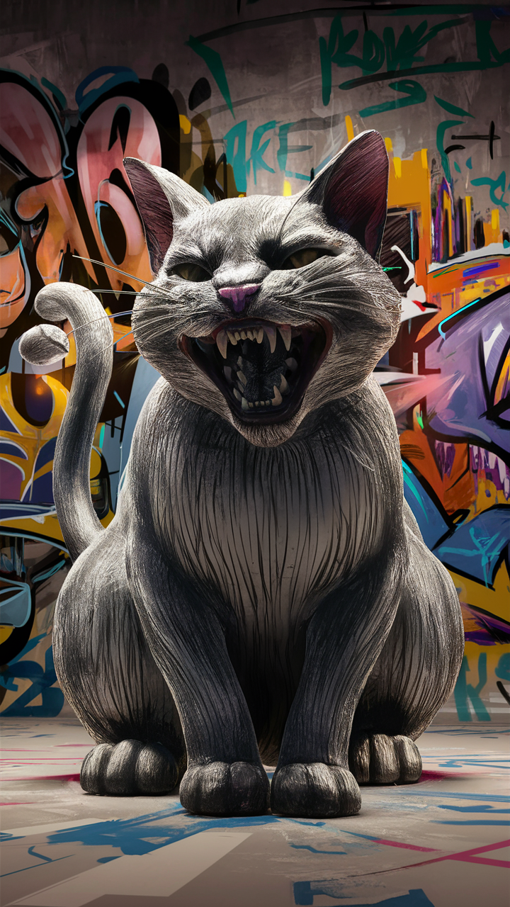 スケッチブックスタイルの牙を剥く猫：芸術の融合が生む躍動感