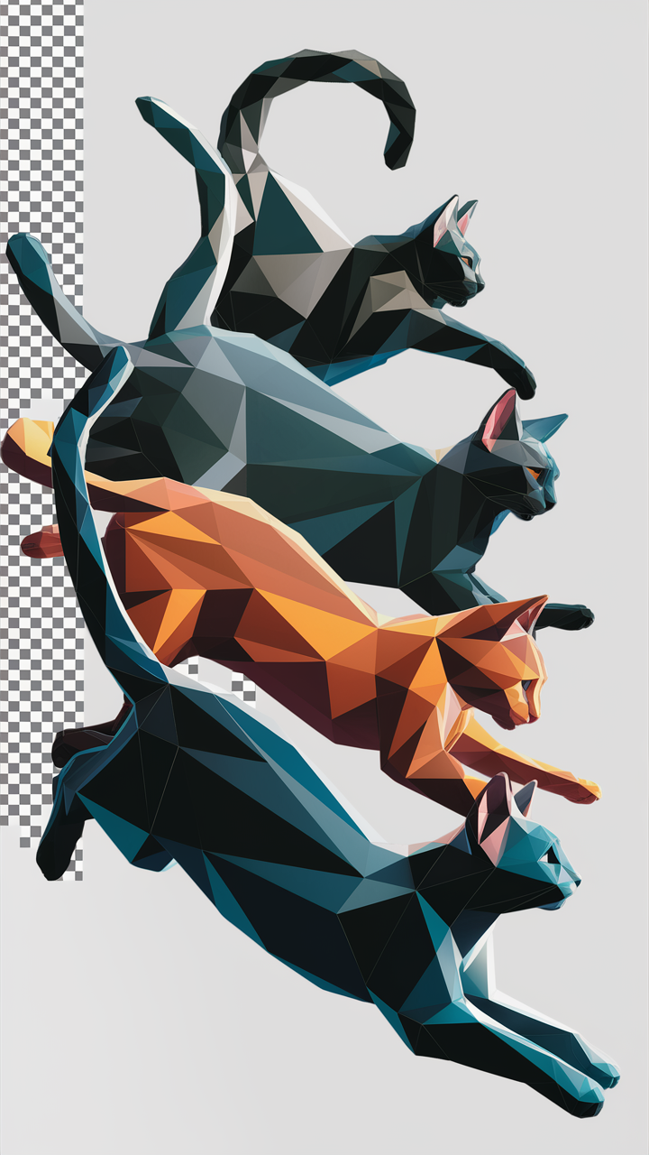 ポリゴン猫たちの舞い：遊び心と動きを描くデジタルアート