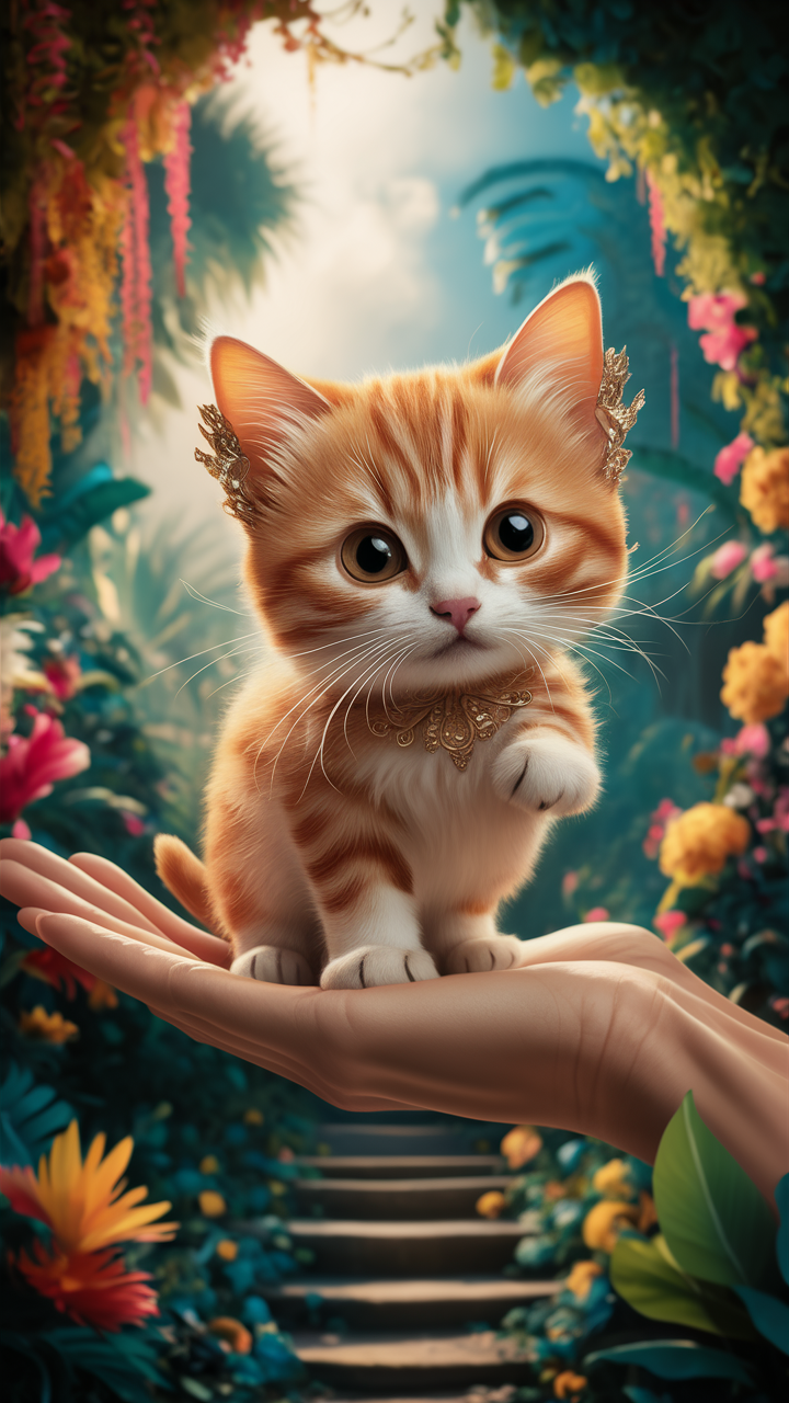 南国の小さな魔法使い：手のひらのオレンジ猫