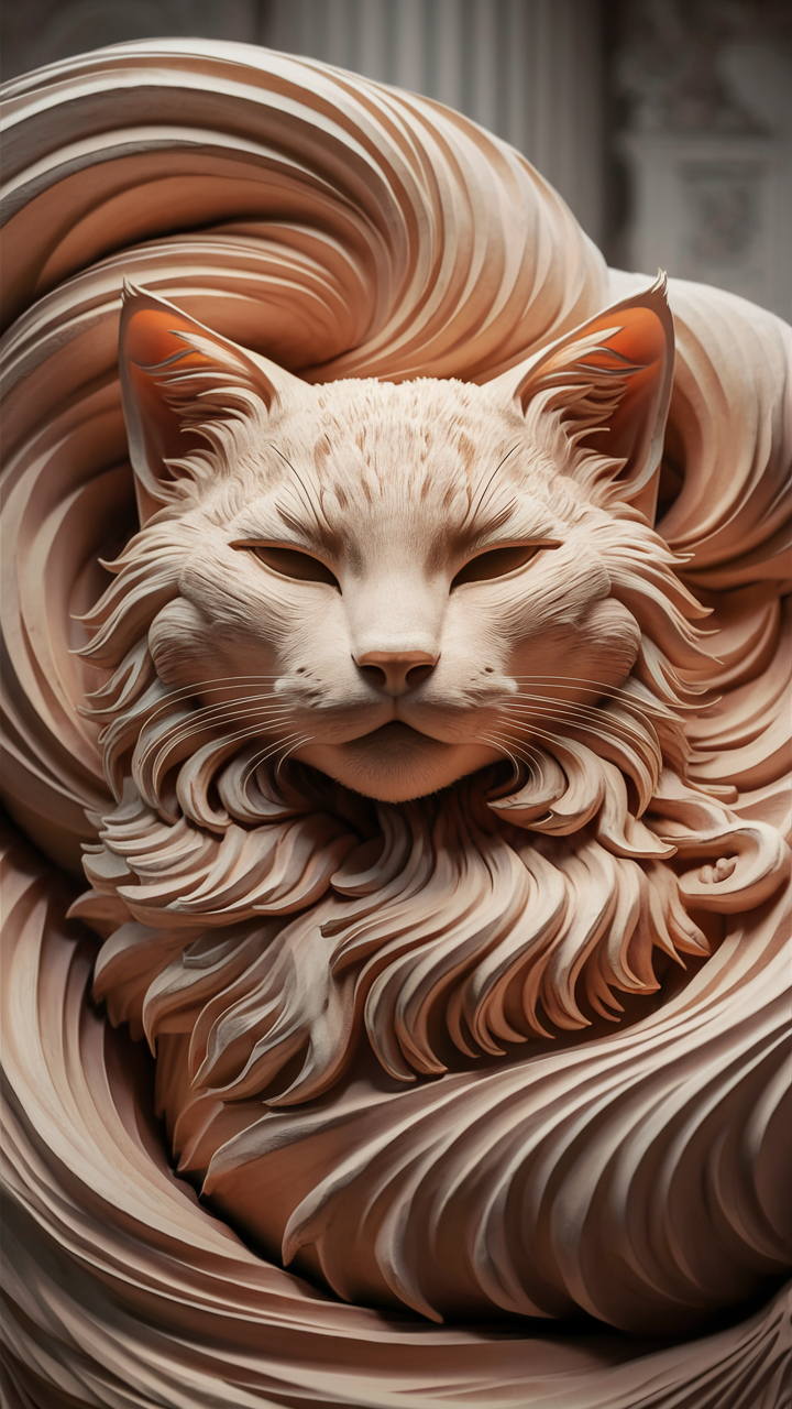 木目が描く静寂の猫：巧みな彫刻の美