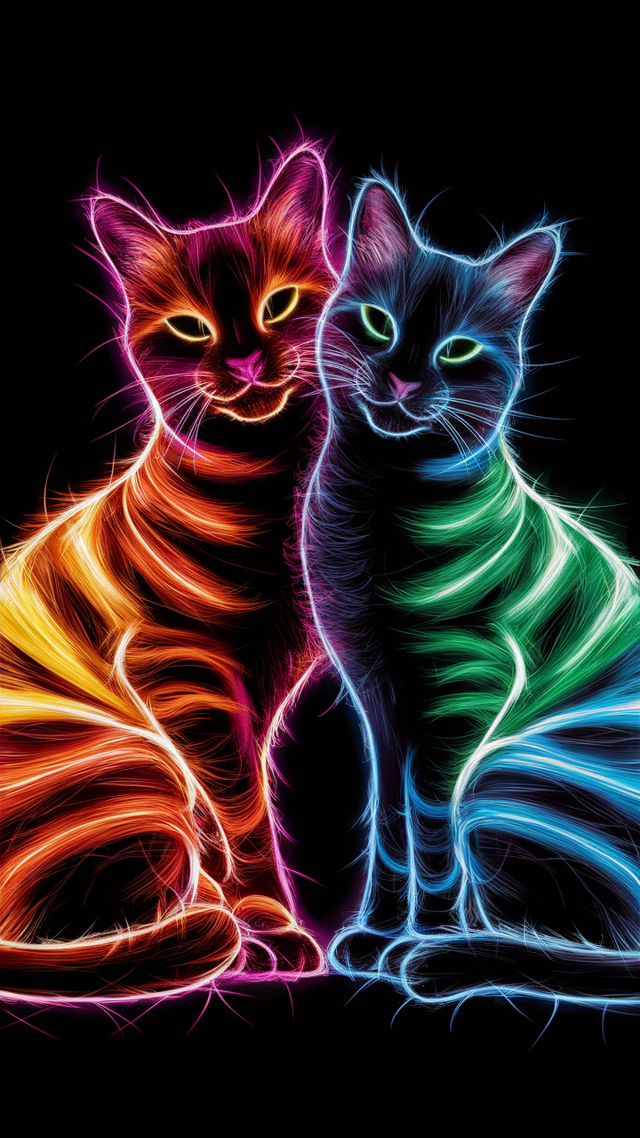 未来の絆：ネオンに輝く2匹の猫