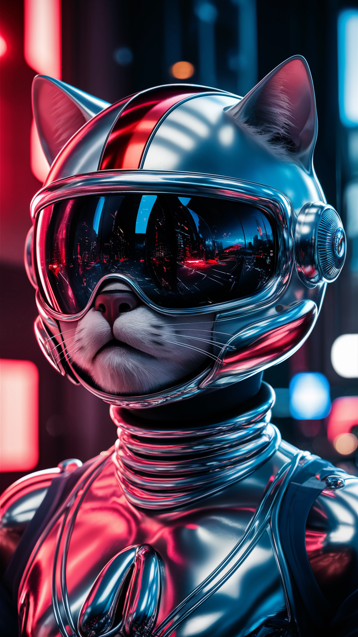 未来都市を映す猫：メタリックヘルメットの超高精細クローズアップ
