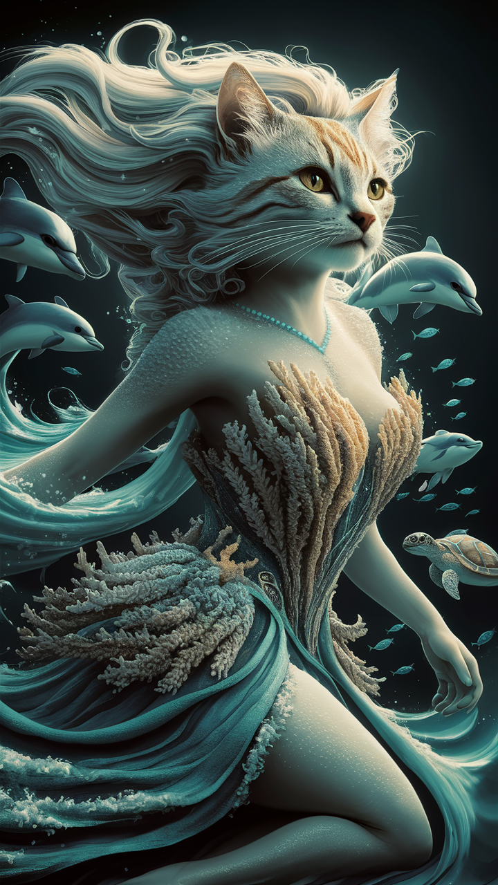 海の精霊猫：静寂と力強さを秘めた幻想的なイラスト