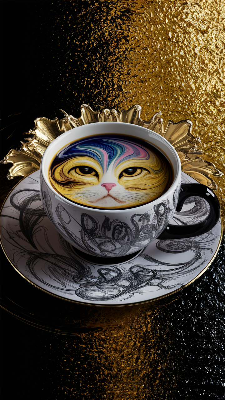 猫の顔が浮かぶ幻想のコーヒーカップ：暗黒の美と芸術の世界