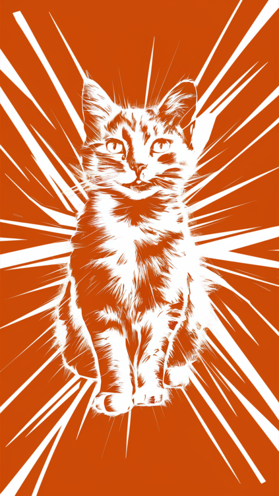 白い猫のステンシルアート：鮮やかなオレンジ背景との調和