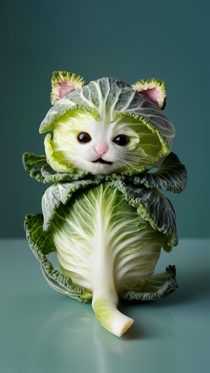 白菜のふわふわ子猫アート：遊び心あふれるキュートな発想
