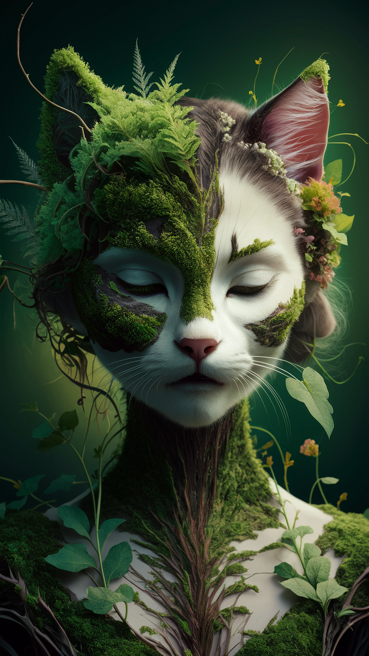 自然と一体化した猫：平穏と調和のデジタルアート