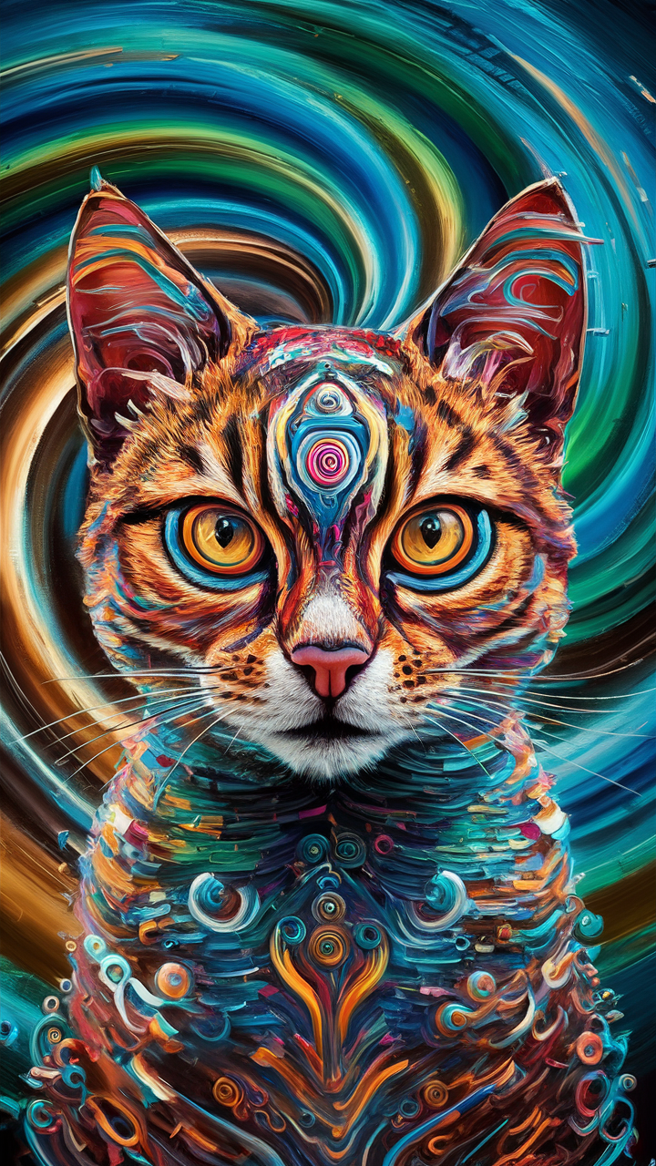 螺旋の瞳を持つ猫：色彩とパターンが織りなす抽象アート
