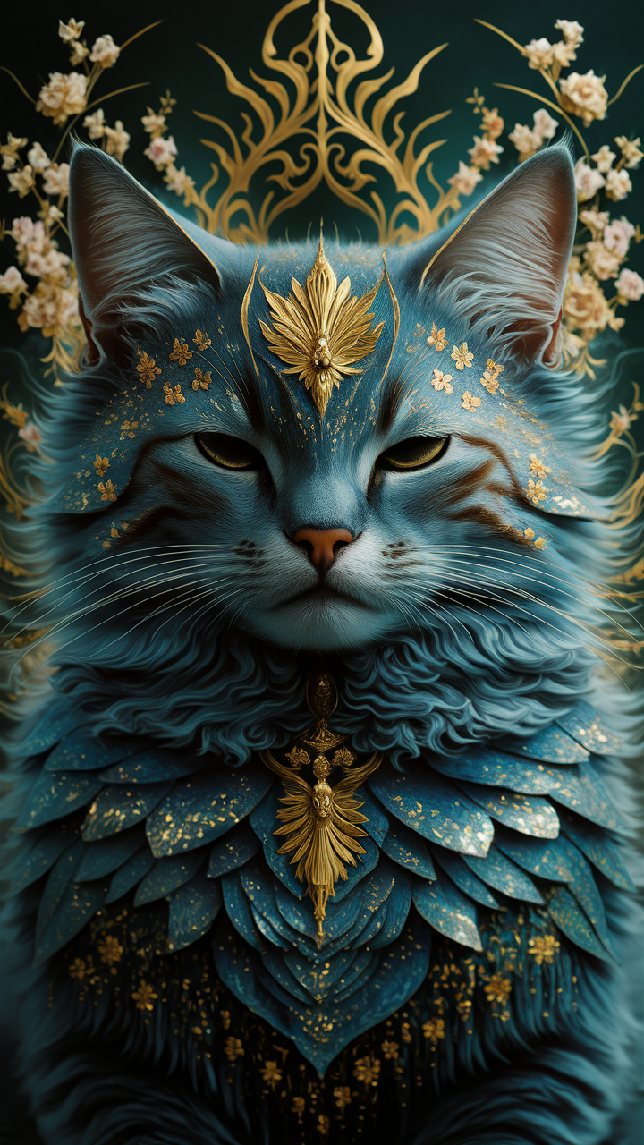 黄金の猫：静寂と神秘を纏う幻想的なポートレート