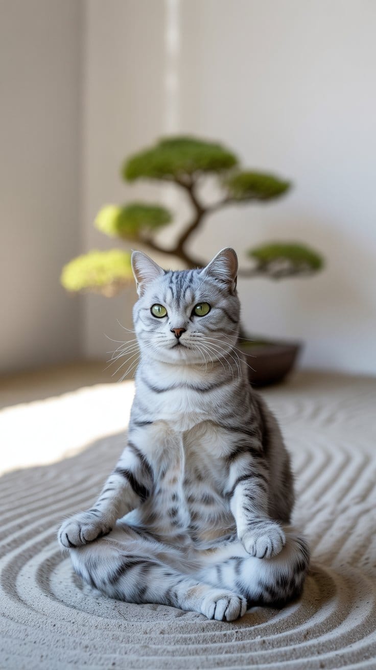 瞑想するネコ：禅ガーデンで心を整えるグレータビー