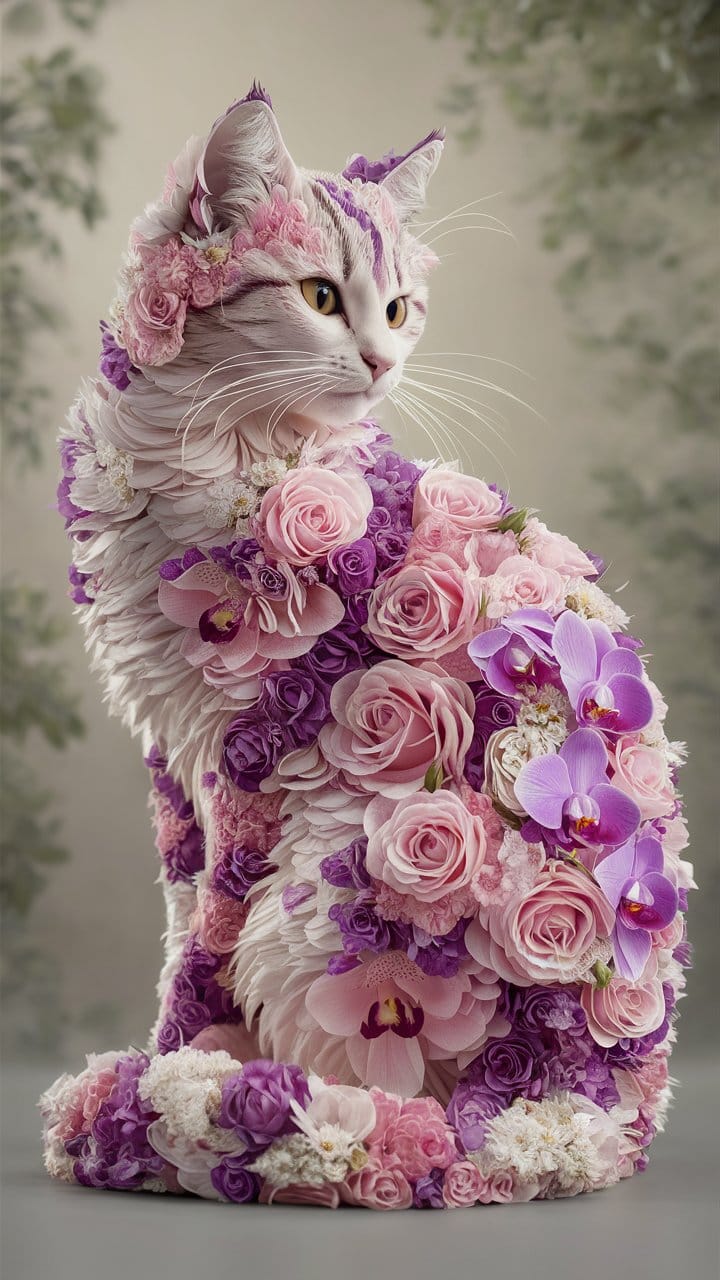 花で彩られた優雅な猫アート｜ピンク・パープル・ホワイトの美しい調和