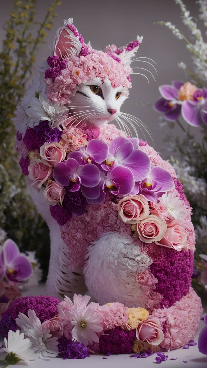 幻想的な花の猫アート｜ピンク・パープル・ホワイトの華麗な調和
