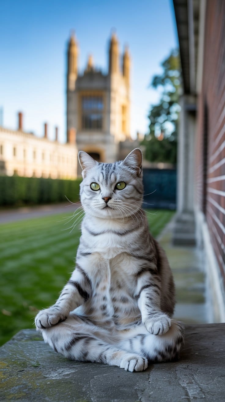 ケンブリッジの静けさに佇む銀色のタビー猫