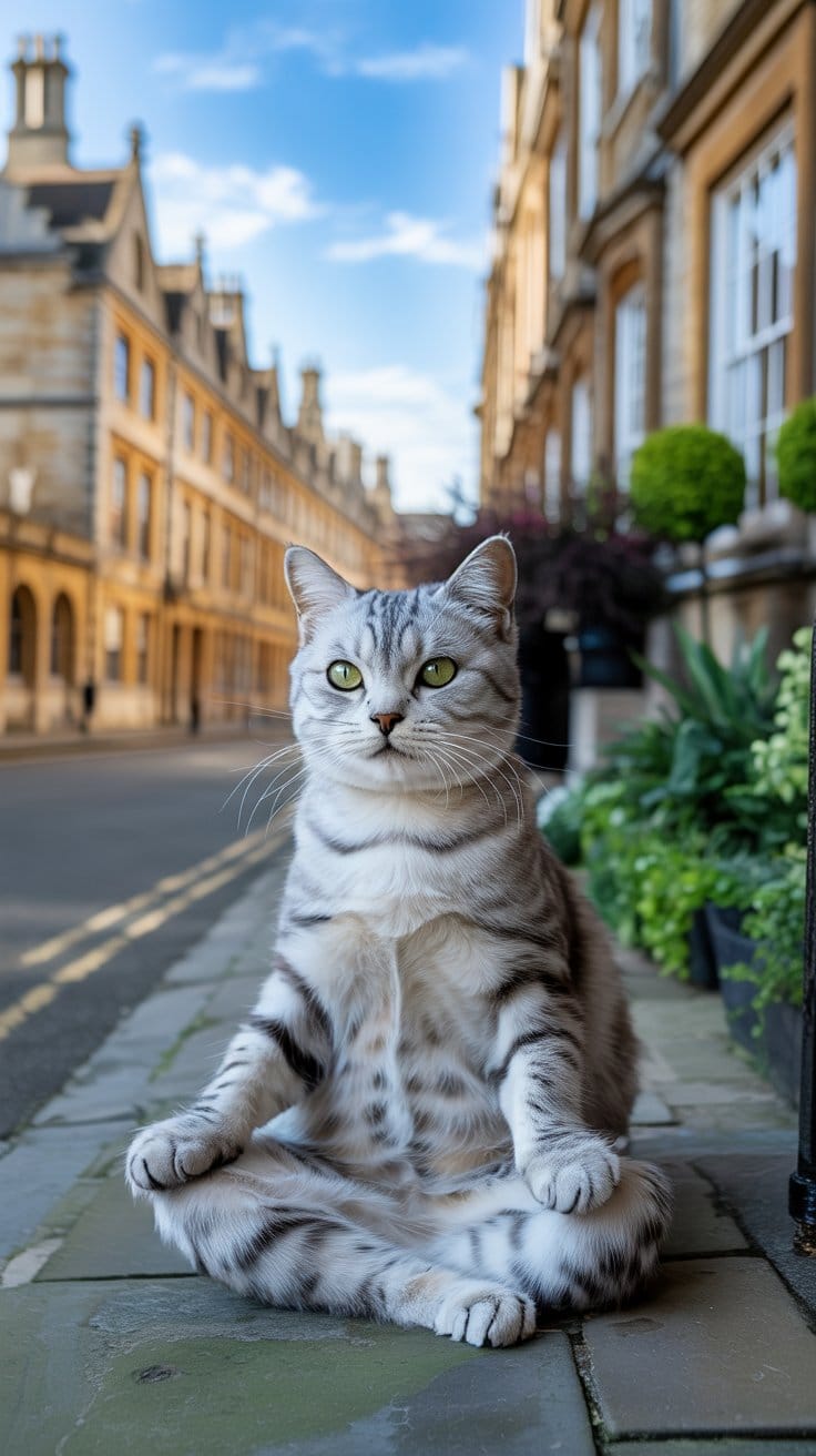 オックスフォードの街並みに映える銀色タビー猫の優雅なまなざし