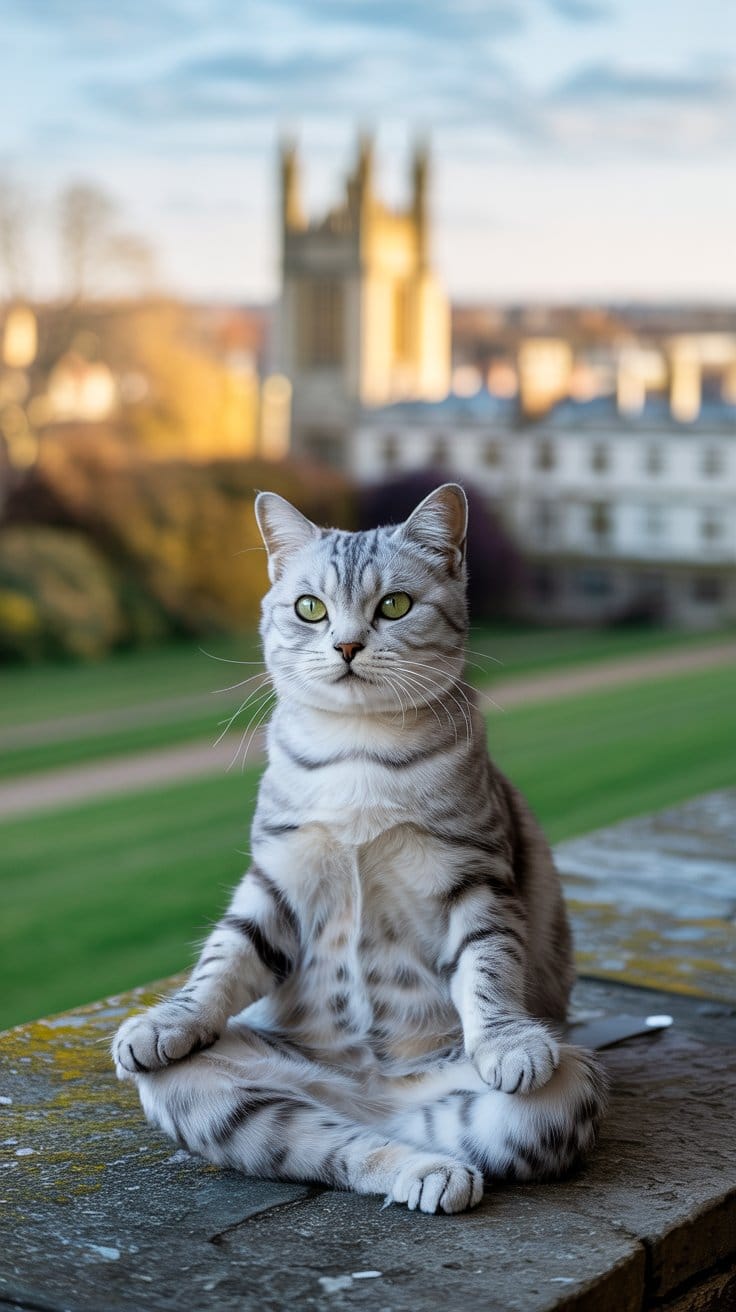 ケンブリッジの静寂に映える銀色タビー猫の優雅なまなざし