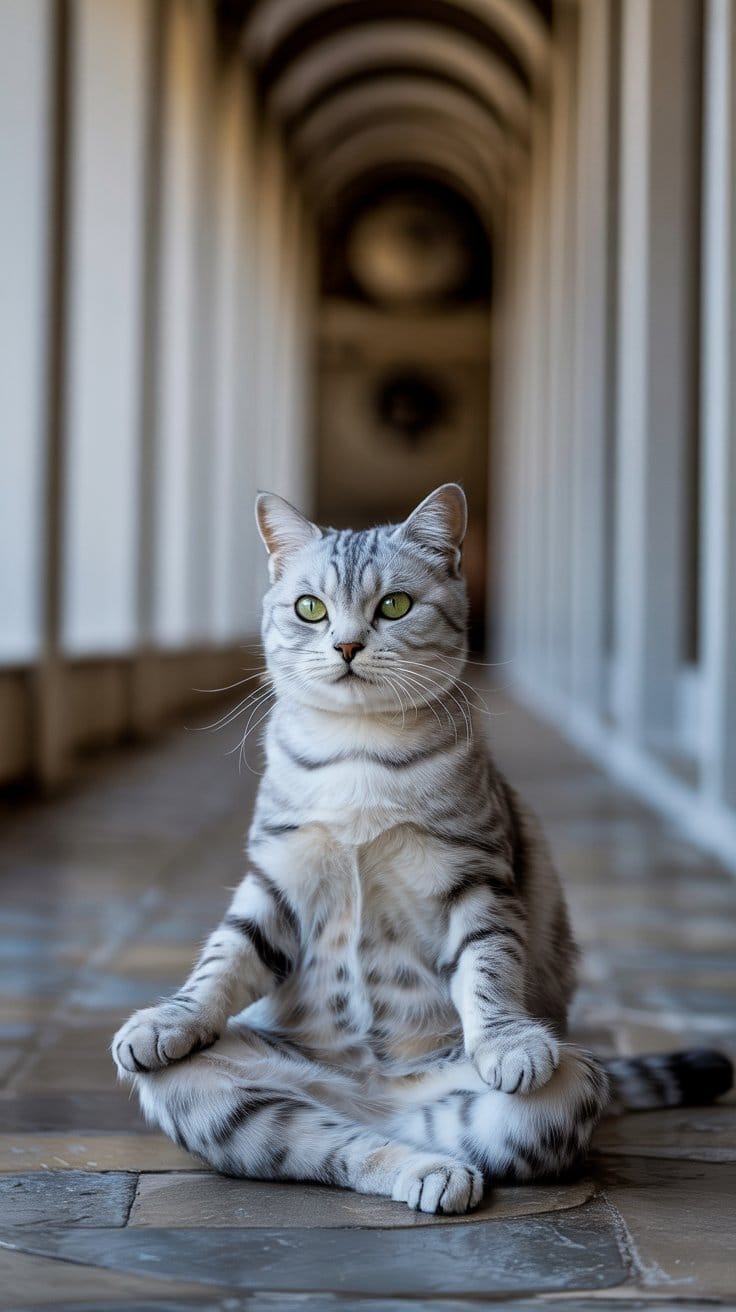 神秘的な銀のトラ猫の座禅猫｜緑の瞳が放つ静謐な魅力