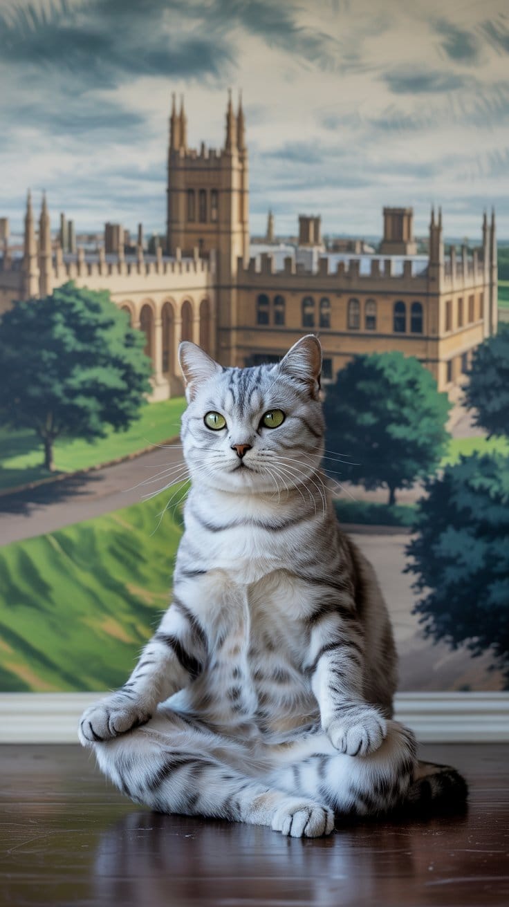 オックスフォードの静寂に佇む銀色タビー猫のポートレート