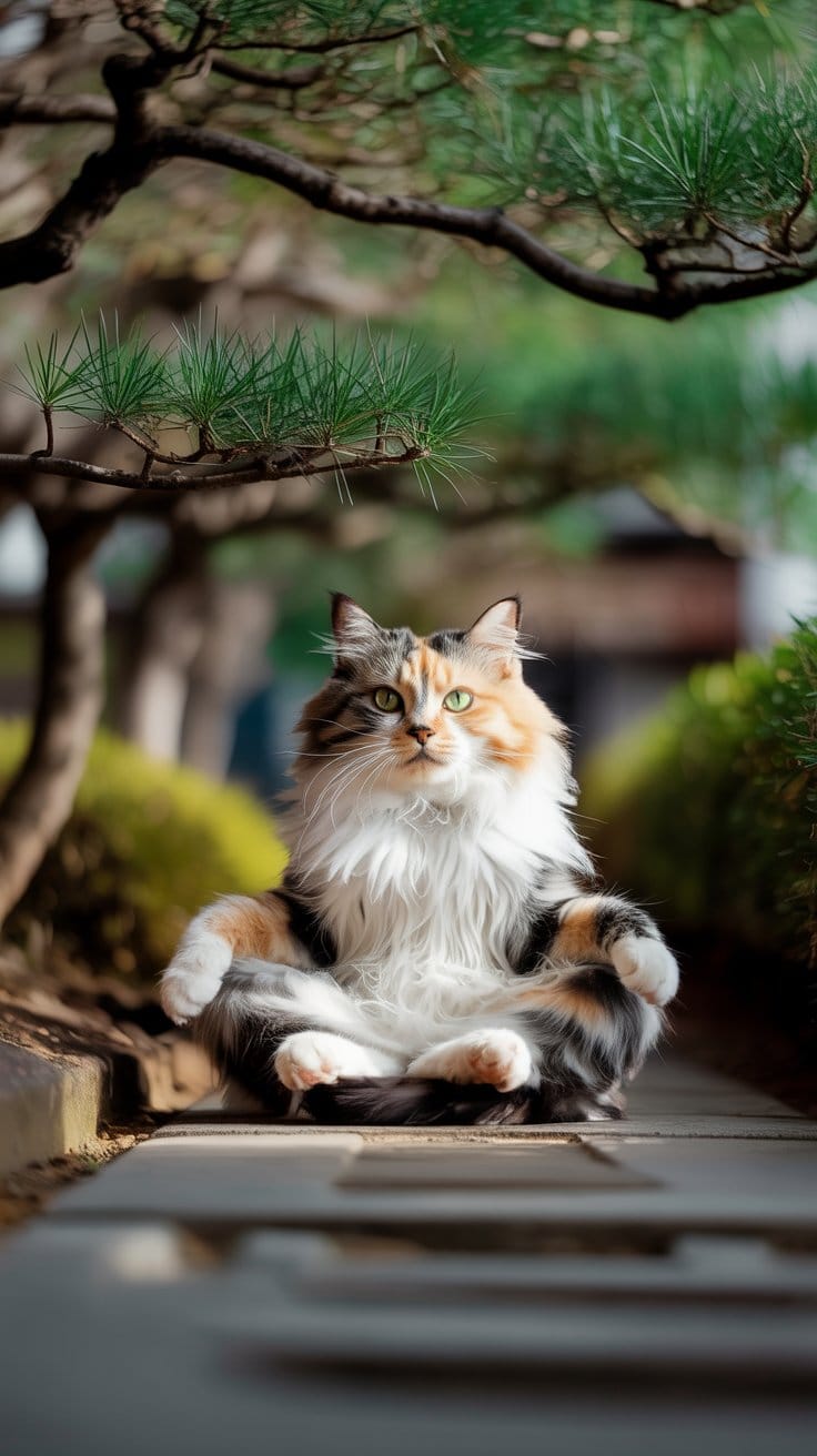 座禅猫静寂の日本庭園に佇む三毛猫 — 穏やかなひととき