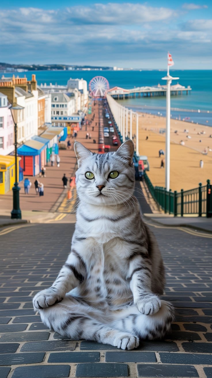 座禅猫ブライトンの街並みと海辺に映える緑の瞳のタビー猫
