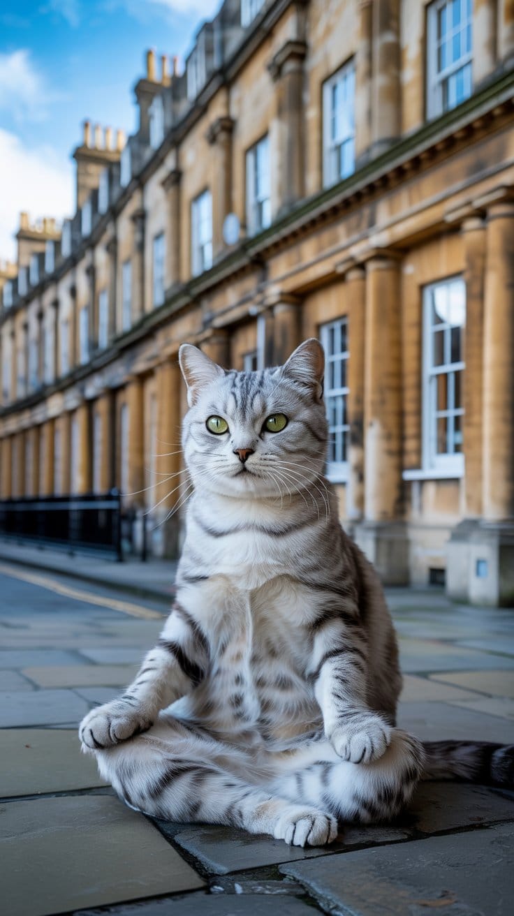 座禅猫バースの優雅な街並みに佇む銀色タビー猫のまなざし