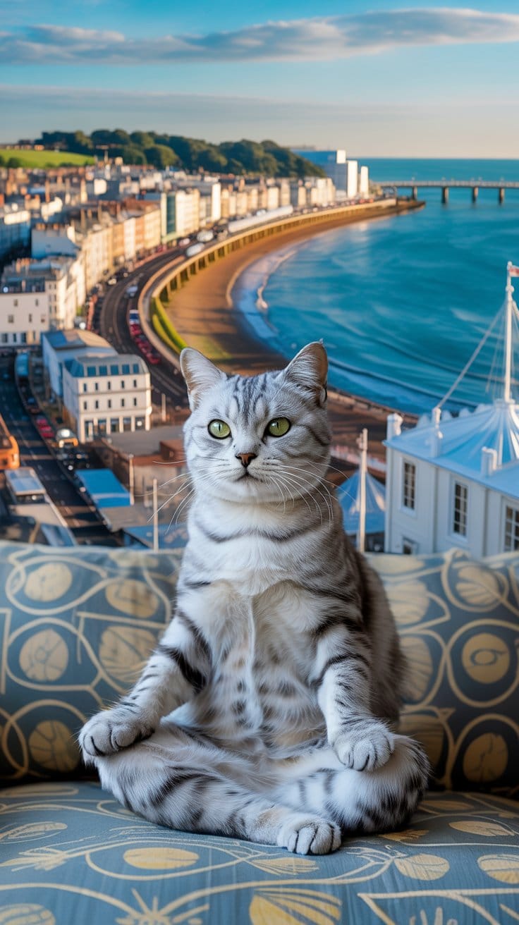 ブライトンの海辺に寄り添う銀色タビー猫の静かなまなざし