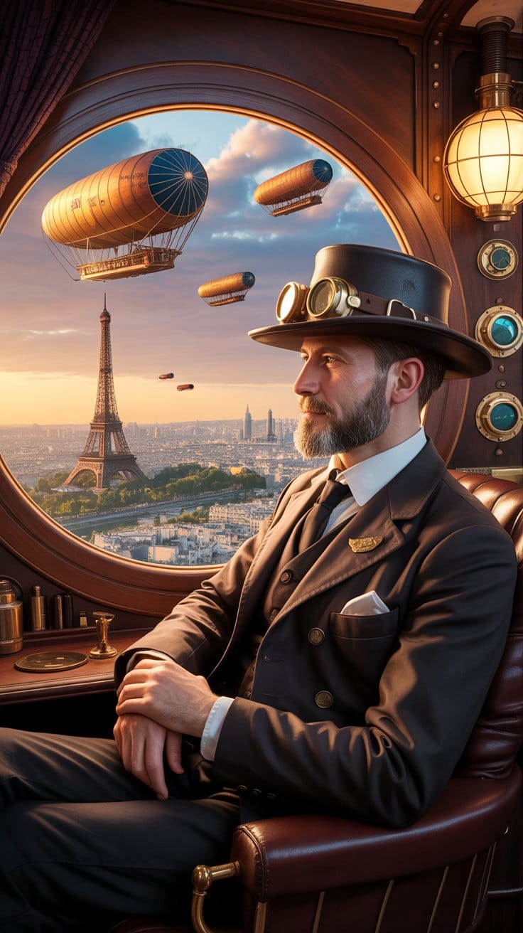 スチームパンク紳士の空の旅:夕暮れのパリと飛行船の幻想風景
