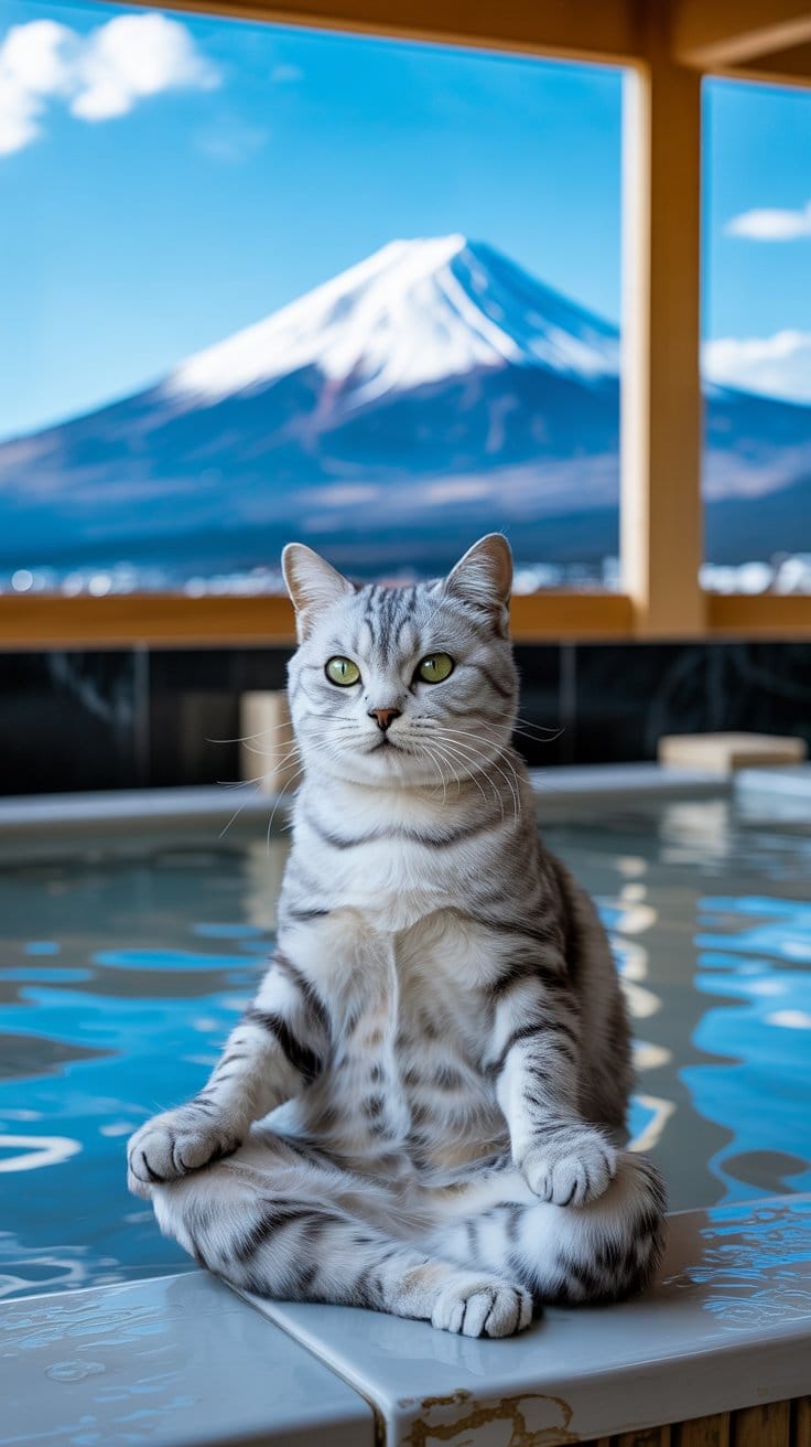 富士山を望む静寂の温泉と銀の猫
