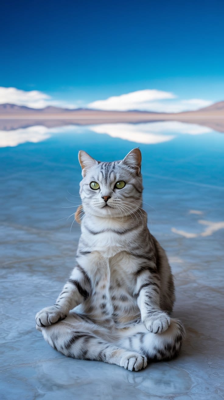 旅する座禅猫ウユニ塩湖を背景に佇む気品ある銀色のタビー猫