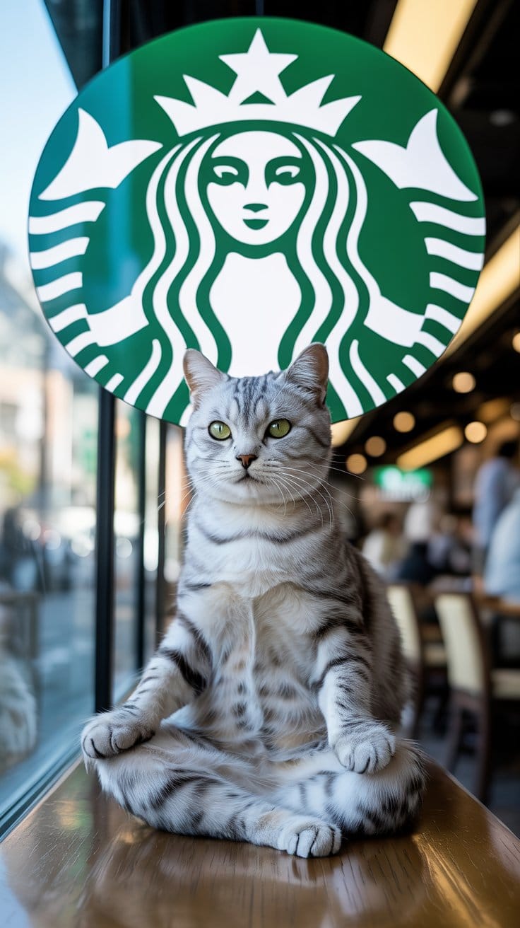座禅猫を見下ろすスターバックスと瞑想する銀猫の不思議な瞬間