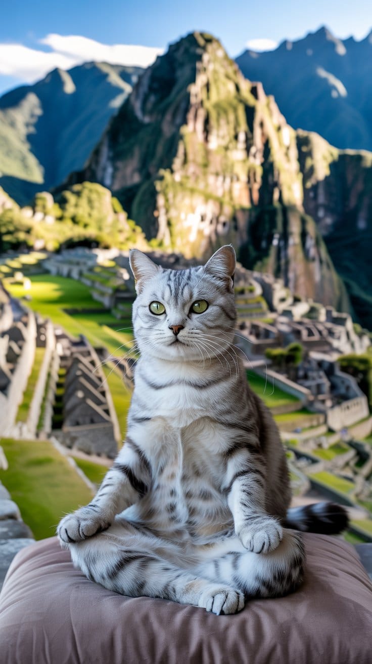 旅する座禅猫マチュピチュを背景にした緑の瞳が印象的な銀色のタビー猫