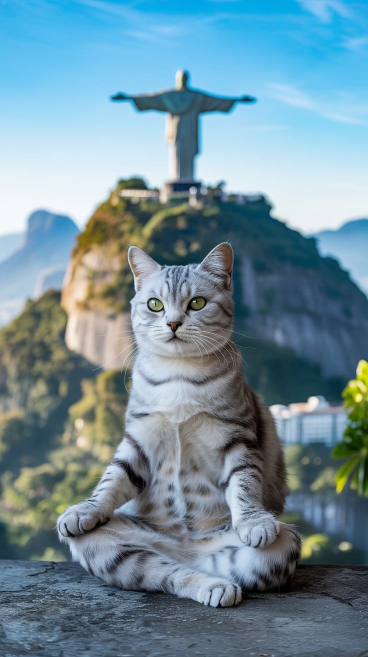 旅する座禅猫コルコバードの丘とキリスト像を背景にした美しい銀色のタビー猫