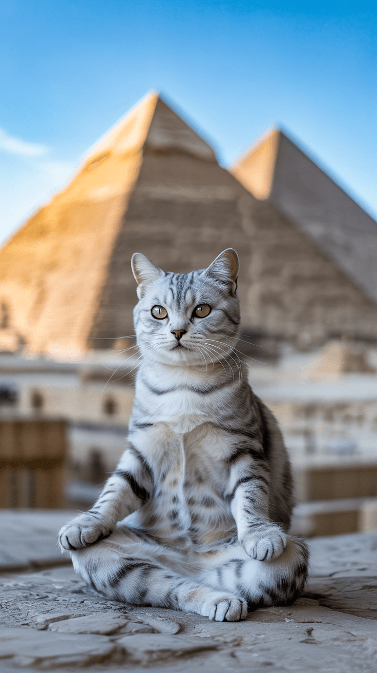 鮮やかに映し出されたエジプトのピラミッドを背景に、銀色のタビー猫が前景で優雅に座っています。緑の瞳は前方を見つめ、整った姿勢と少し遊び心を感じさせるヒゲが魅力的な一枚です。