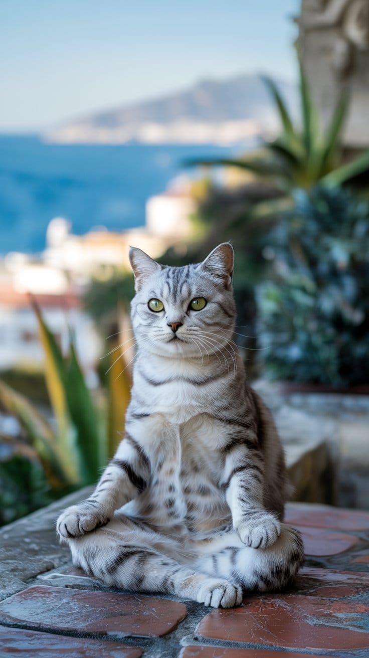 座禅猫・マラガの海を見守る瞑想する銀のトラ猫