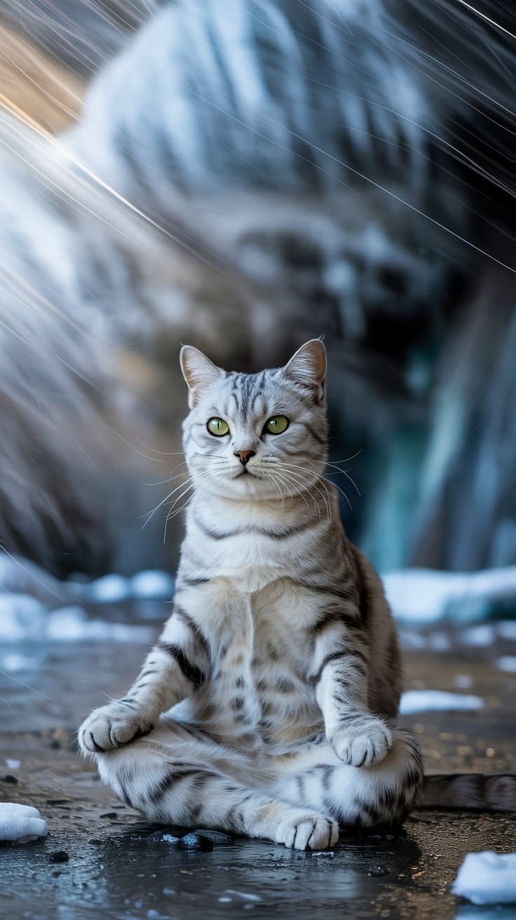 旅する座禅猫・静寂の瞑想：氷の世界で心を鎮める猫