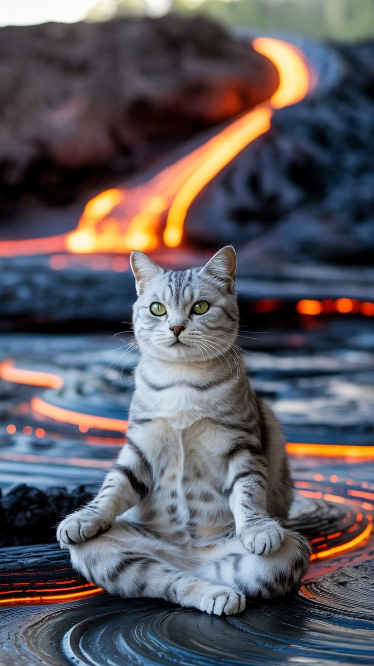 ハワイ・キラウエア火山の流れる溶岩のそばで、銀色の縞模様を持つ猫が静かに佇む。 整った姿勢で座り、鮮やかな緑の瞳をまっすぐ前に向けるその姿は、荒々しい自然の中の静けさを象徴している。 グレーとホワイトの毛並みが足元の模様と溶け合い、まるで自然の一部のように調和する幻想的なシーン。