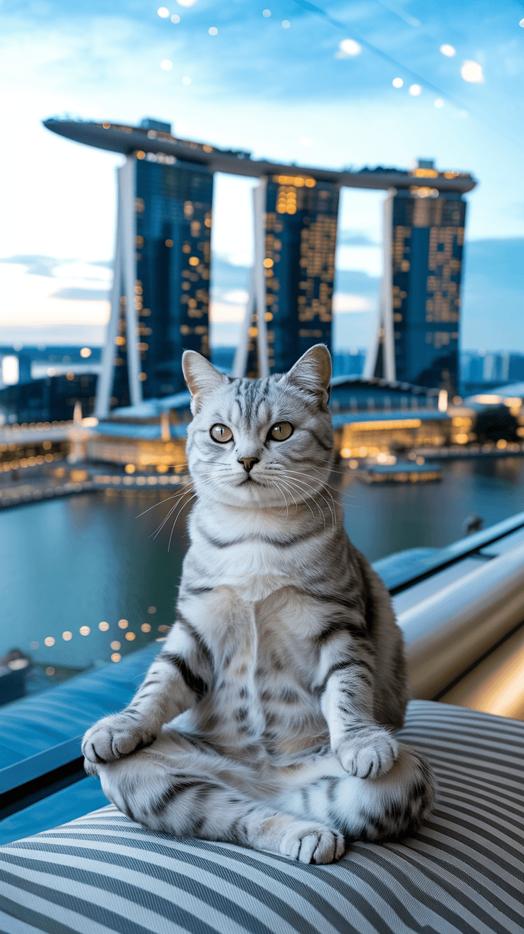 旅する座禅猫・世界ネコ歩き、マリーナベイの黄昏：静かに見つめる銀の猫