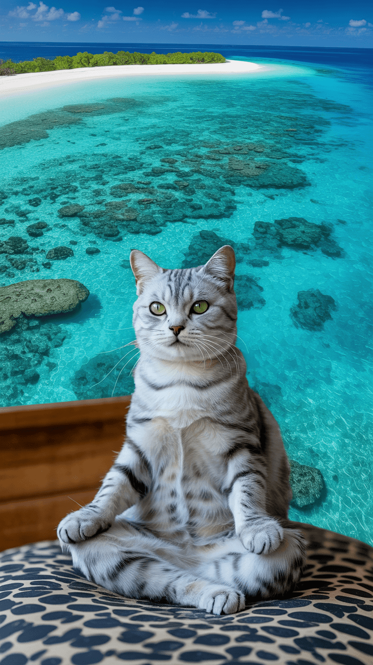 旅する座禅猫・世界ネコ歩き、モルディブの楽園：エメラルドの海を見つめる銀の猫