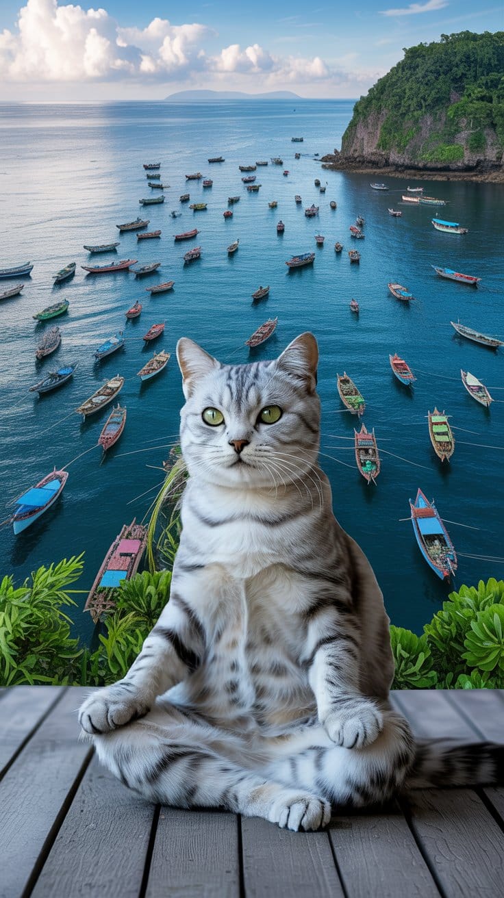 バリの静寂：海を見つめる銀猫のまなざし