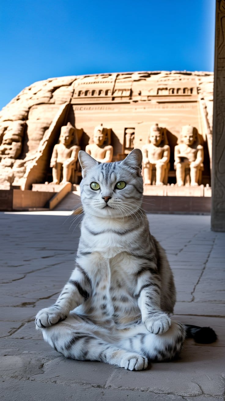 旅する座禅猫・世界ネコ歩き、アブ・シンベル神殿と銀の猫：静寂が語る古代エジプトの威厳