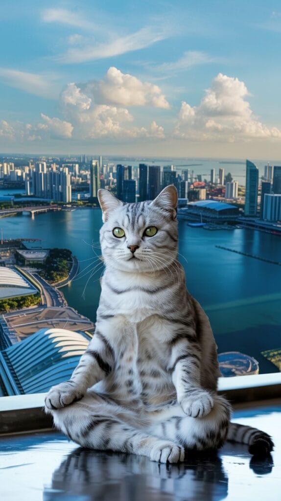 旅する座禅猫・世界ネコ歩き、マリーナベイの静寂：緑の瞳を持つ銀の猫