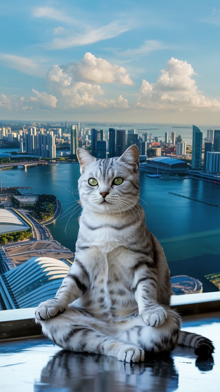 旅する座禅猫・世界ネコ歩き、マリーナベイの静寂：緑の瞳を持つ銀の猫