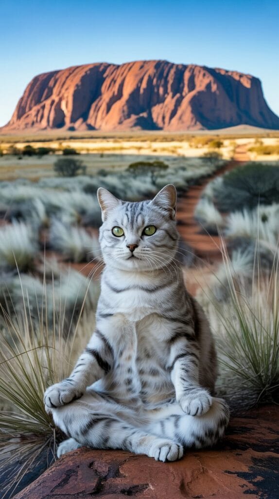 旅する座禅猫・世界ネコ歩き、ウルルの静寂：銀の猫と赤土の大地