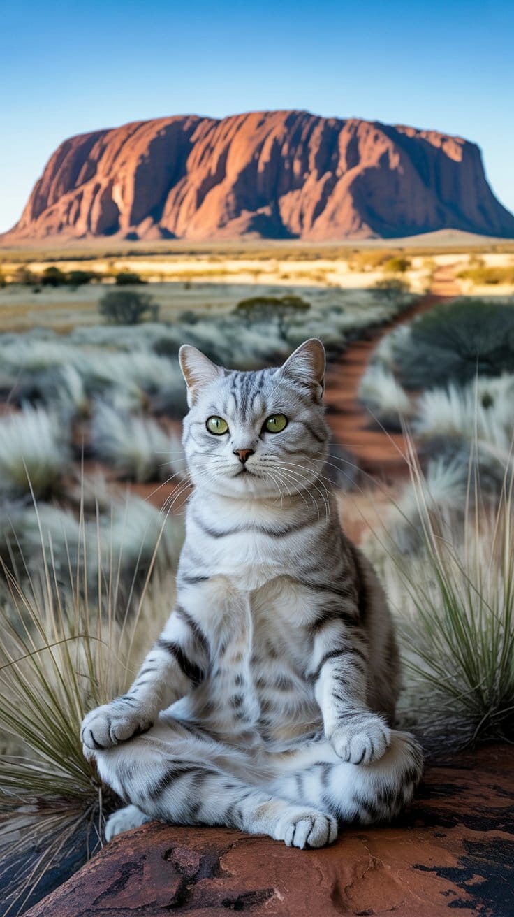 旅する座禅猫・世界ネコ歩き、ウルルの静寂：銀の猫と赤土の大地