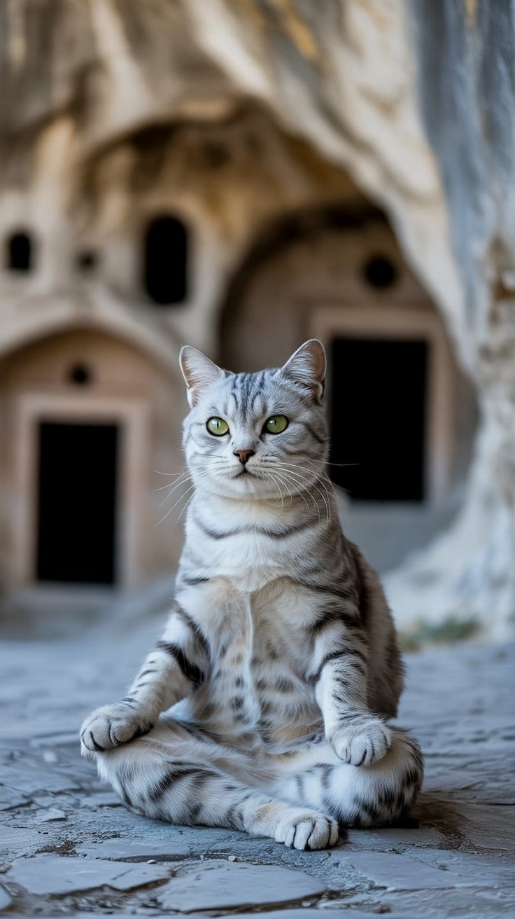 岩をくり抜いて造られた住居や教会が点在する、ユネスコ世界遺産・ギョレメ国立公園。 その幻想的な風景の中に、灰色と白の縞模様をもつ銀のタビー猫が堂々と座る。 緑の瞳は静かに前方を見据え、凛とした姿勢からは落ち着きと自信が漂う。 自然と時間が刻んだ奇跡の地で、猫の静寂が一層の神秘を添えています。
