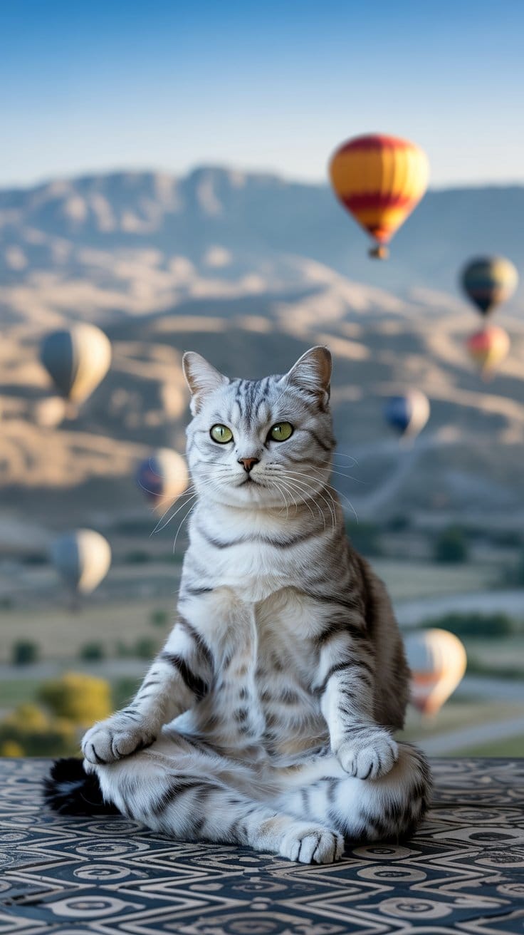 旅する座禅猫・世界ネコ歩き、熱気球と銀の猫：カッパドキア・ギョレメ国立公園の幻想的な朝