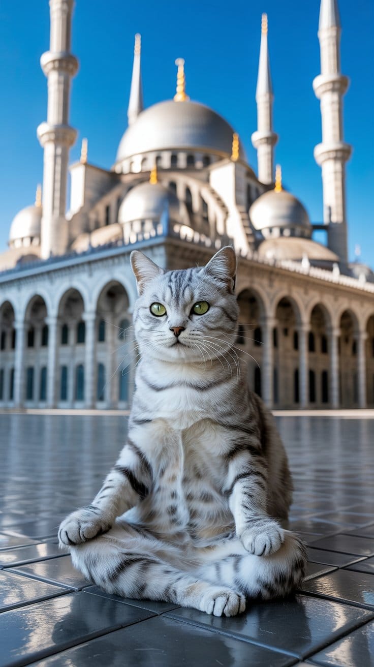 旅する座禅猫・世界ネコ歩き、ブルーモスクを見つめる銀の猫:静寂と壮麗が交わるイスタンブールの瞬間