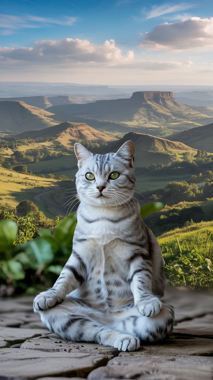 旅する座禅猫・クアロアの静寂：緑の瞳を持つ銀の猫