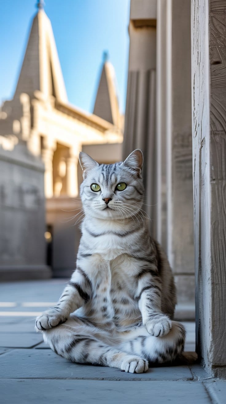 旅する座禅猫・世界ネコ歩き、ルクソール神殿と灰色の猫：古代の威厳を見つめる静寂の瞳