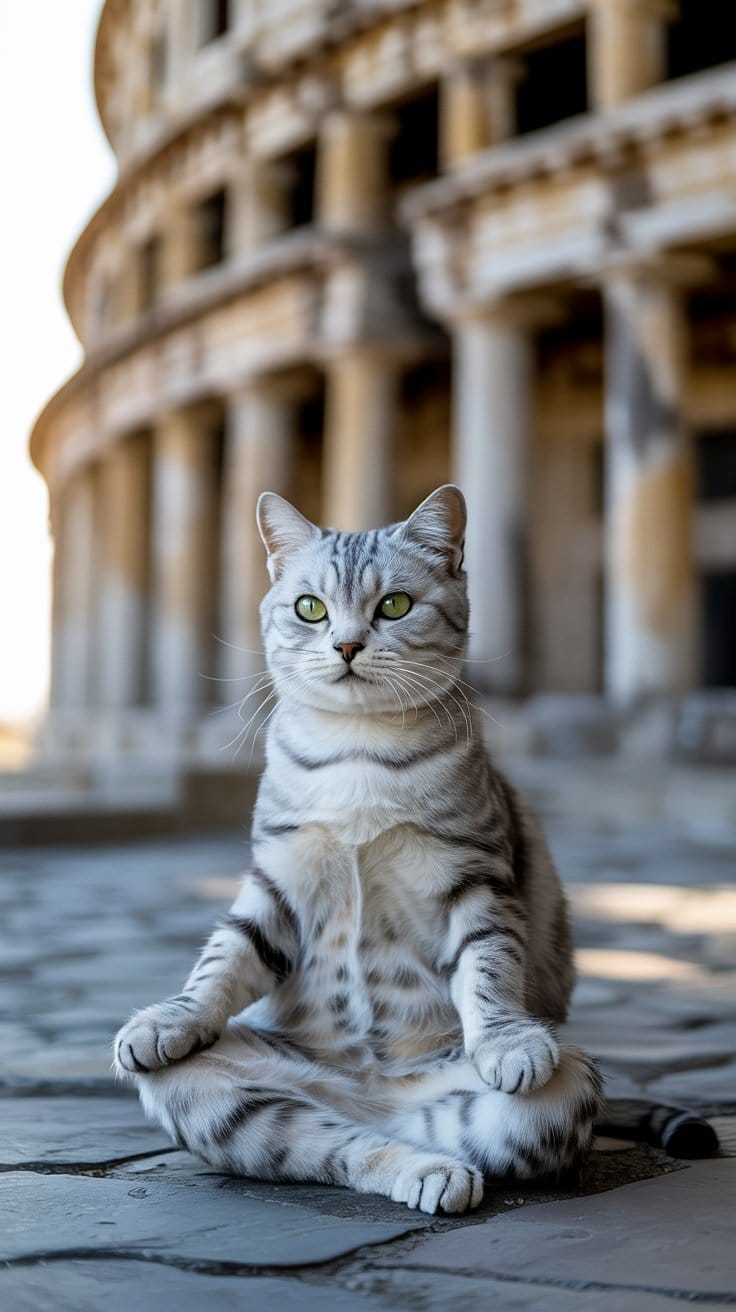 旅する座禅猫・世界ネコ歩き、ラメセウムと銀の猫：ラムセス2世の遺産を見つめる静寂の瞳