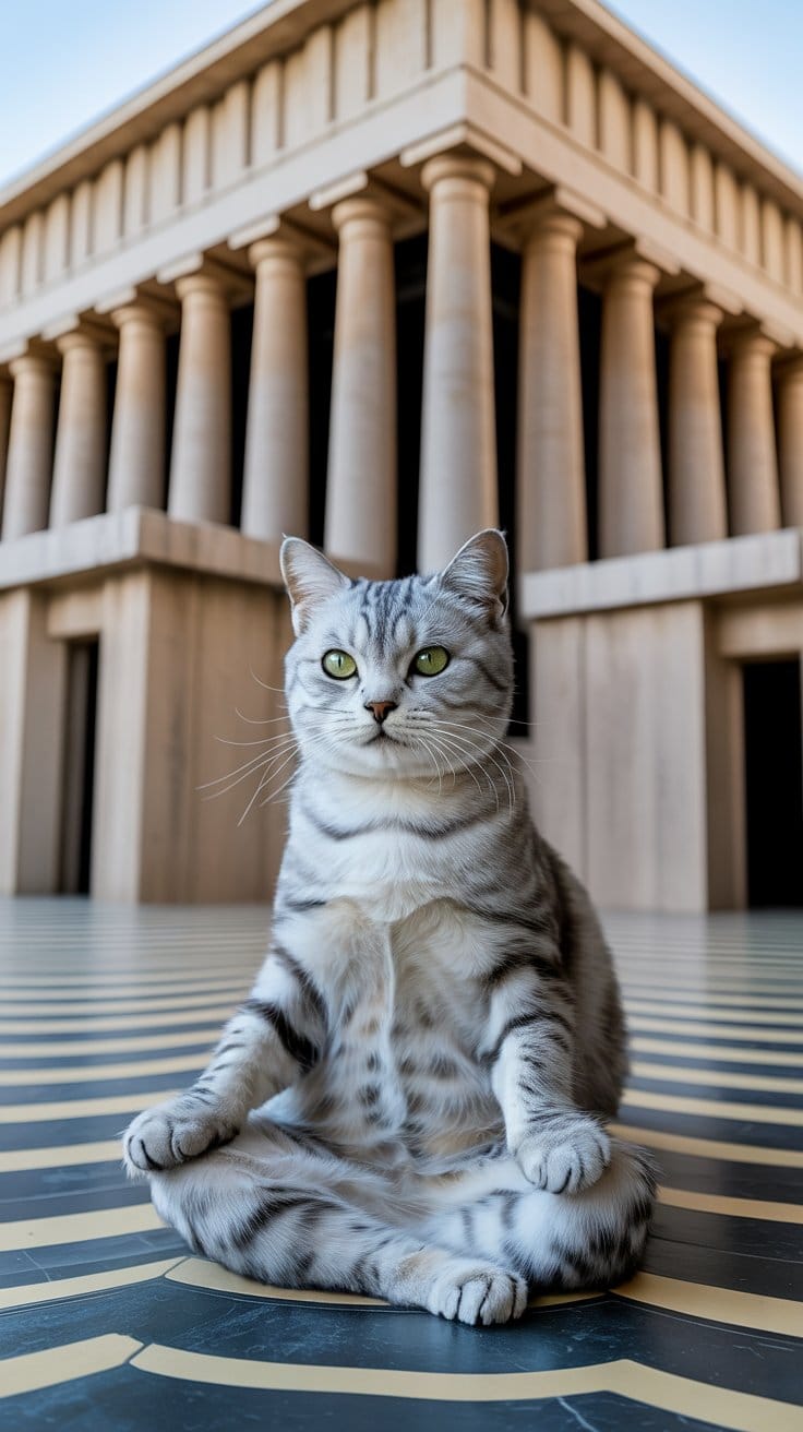 旅する座禅猫・世界ネコ歩き、アビドス神殿と銀の猫：古代の記憶と静寂の調べ